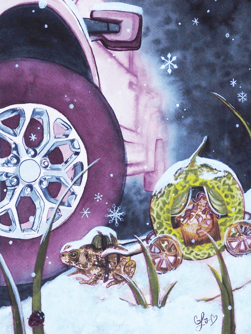 Whimsical watercolor painting by Cindy Luong of Veerlay of a tiny girl in a honeydew carriage pulled by a toad through snow with a car in the distance