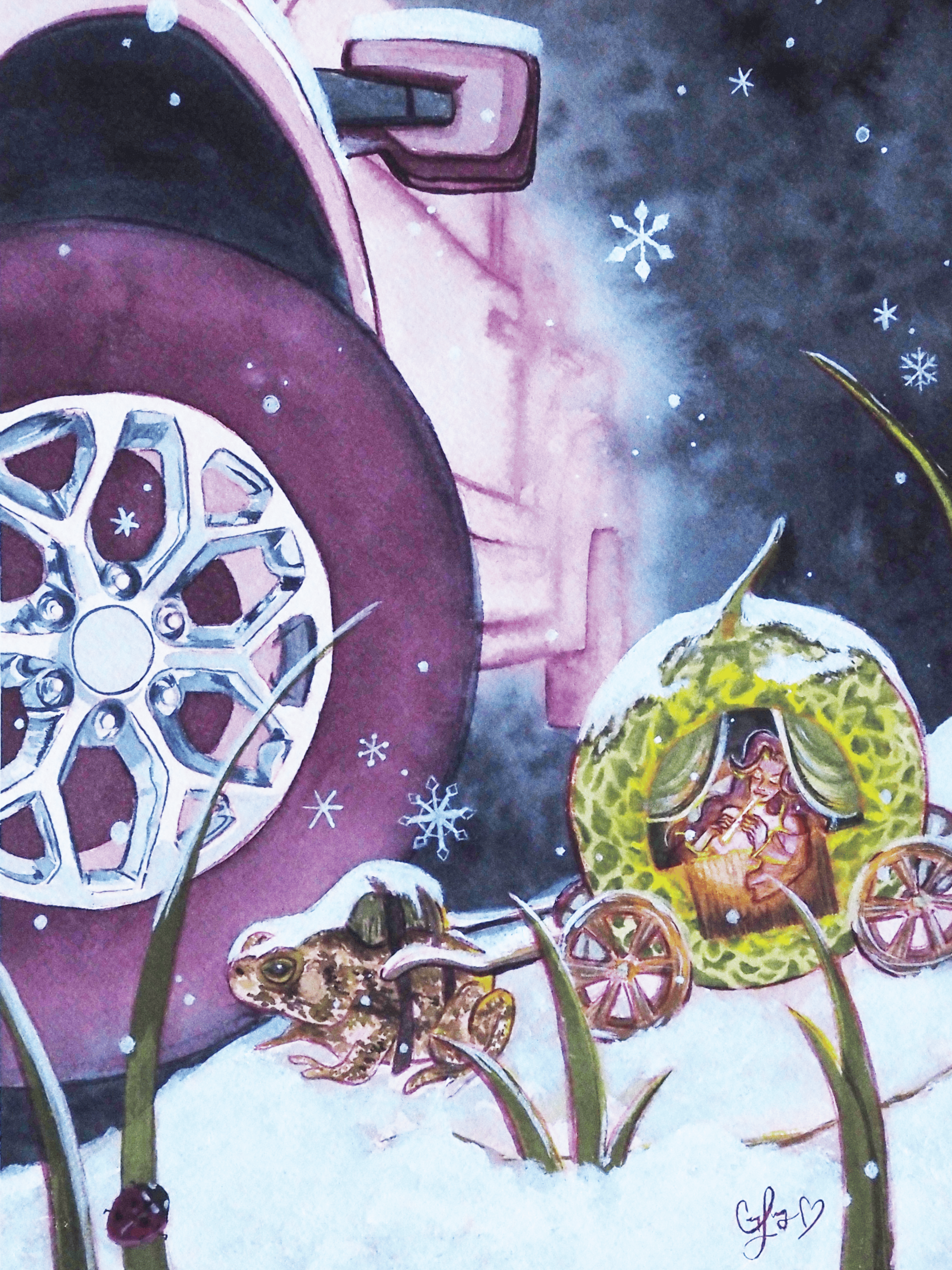 Whimsical watercolor painting by Cindy Luong of Veerlay of a tiny girl in a honeydew carriage pulled by a toad through snow with a car in the distance