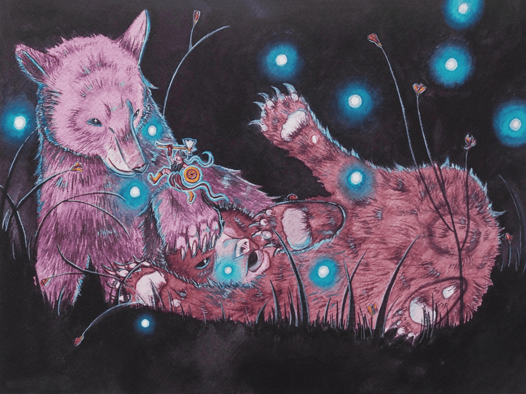 Whimsical watercolor painting by Cindy Luong of Veerlay of a tiny girl warrior leaping onto a bear cub with an axe and button shield to defend a fallen cub