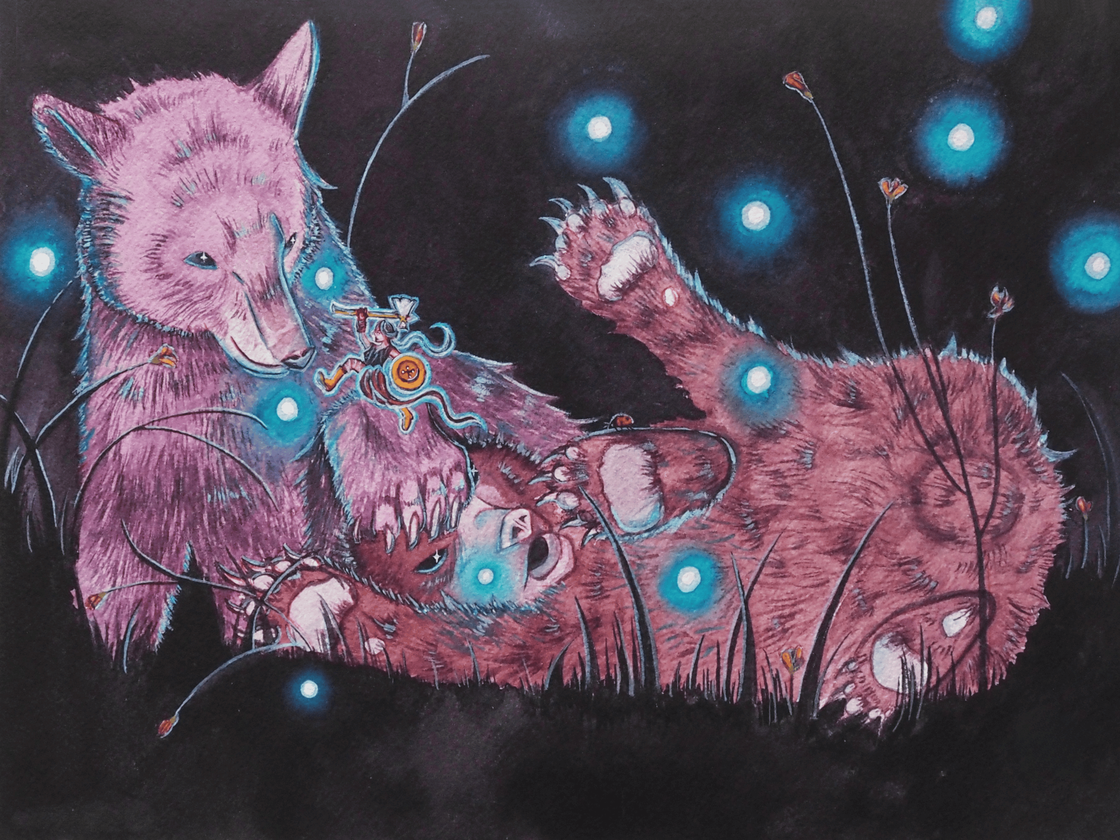 Whimsical watercolor painting by Cindy Luong of Veerlay of a tiny girl warrior leaping onto a bear cub with an axe and button shield to defend a fallen cub