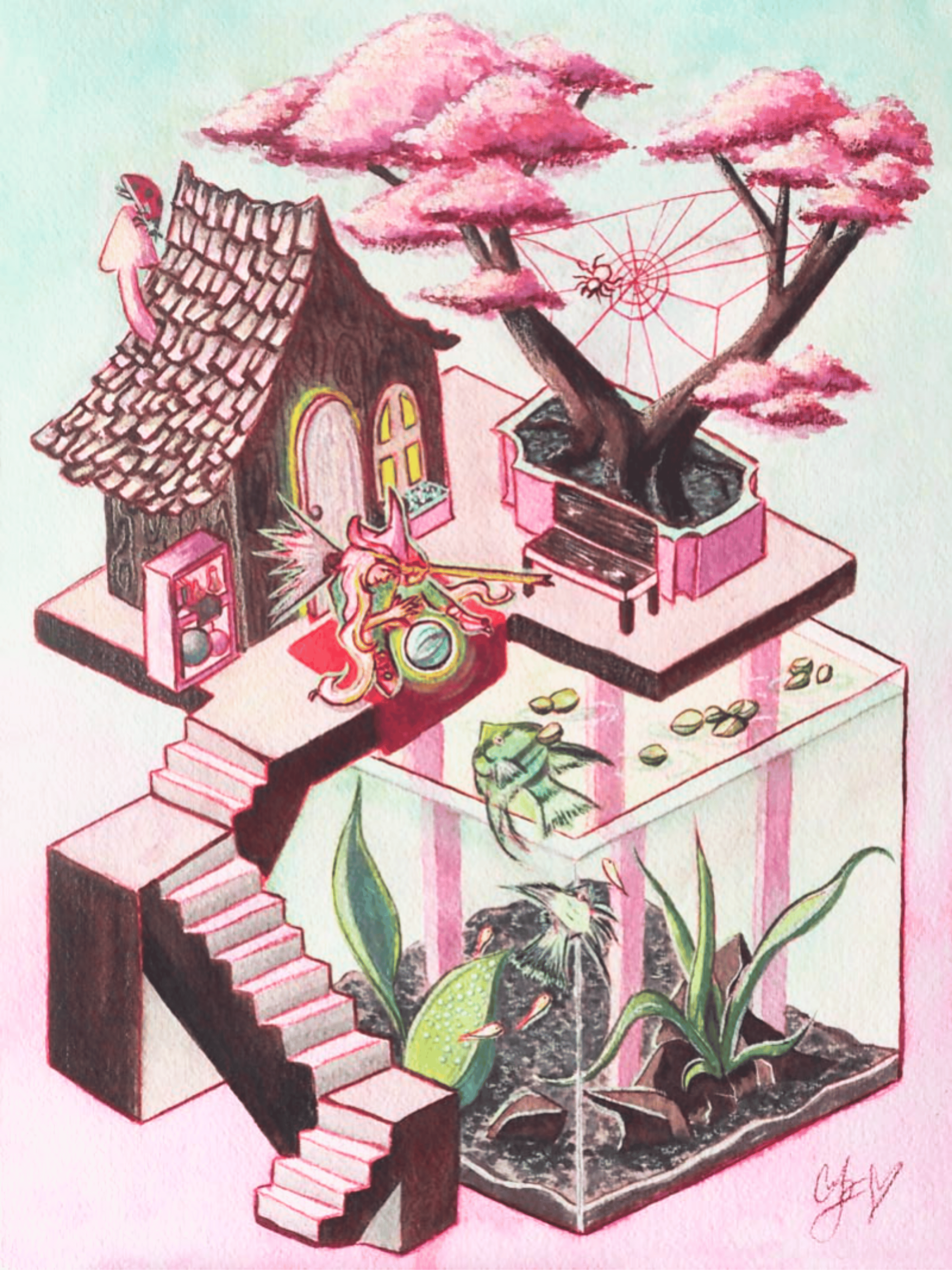 Whimsical watercolor painting by Cindy Luong of Veerlay of a tiny girl gazing into a marble crystal ball on a platform with a bonsai tree and hatching angelfish below