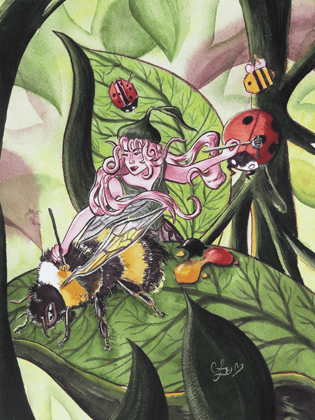Whimsical watercolor painting by Cindy Luong of Veerlay of a tiny girl simultaneously painting stripes on a bee and spots on a ladybug