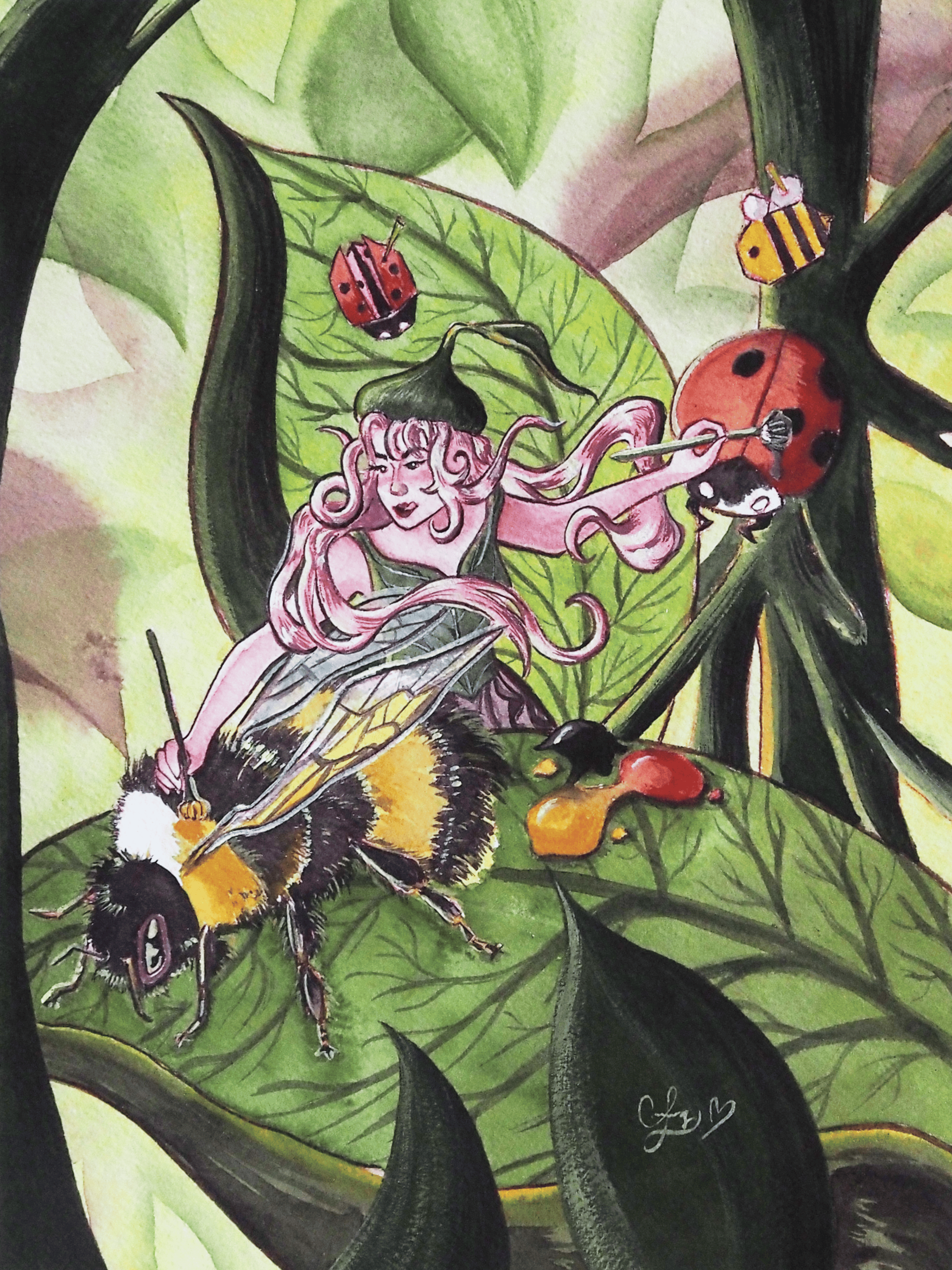 Whimsical watercolor painting by Cindy Luong of Veerlay of a tiny girl simultaneously painting stripes on a bee and spots on a ladybug