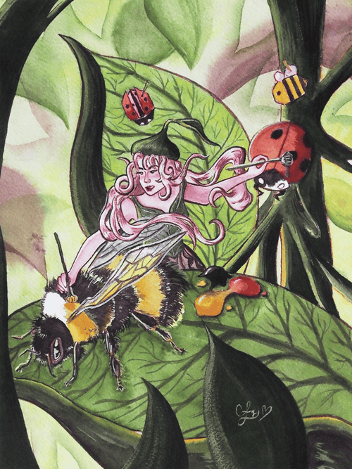 Whimsical watercolor painting by Cindy Luong of Veerlay of a tiny girl simultaneously painting stripes on a bee and spots on a ladybug