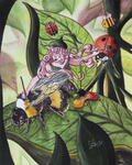 Whimsical watercolor painting by Cindy Luong of Veerlay of a tiny girl simultaneously painting stripes on a bee and spots on a ladybug