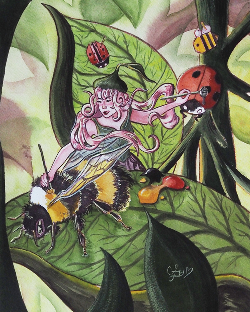 Whimsical watercolor painting by Cindy Luong of Veerlay of a tiny girl simultaneously painting stripes on a bee and spots on a ladybug