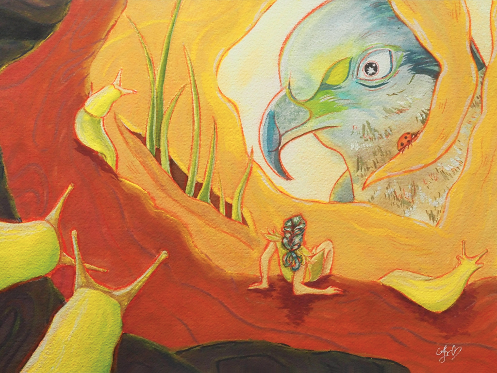 Whimsical watercolor painting by Cindy Luong of Veerlay of a tiny girl and slugs peering out from a tree hollow at a large bird looking directly in