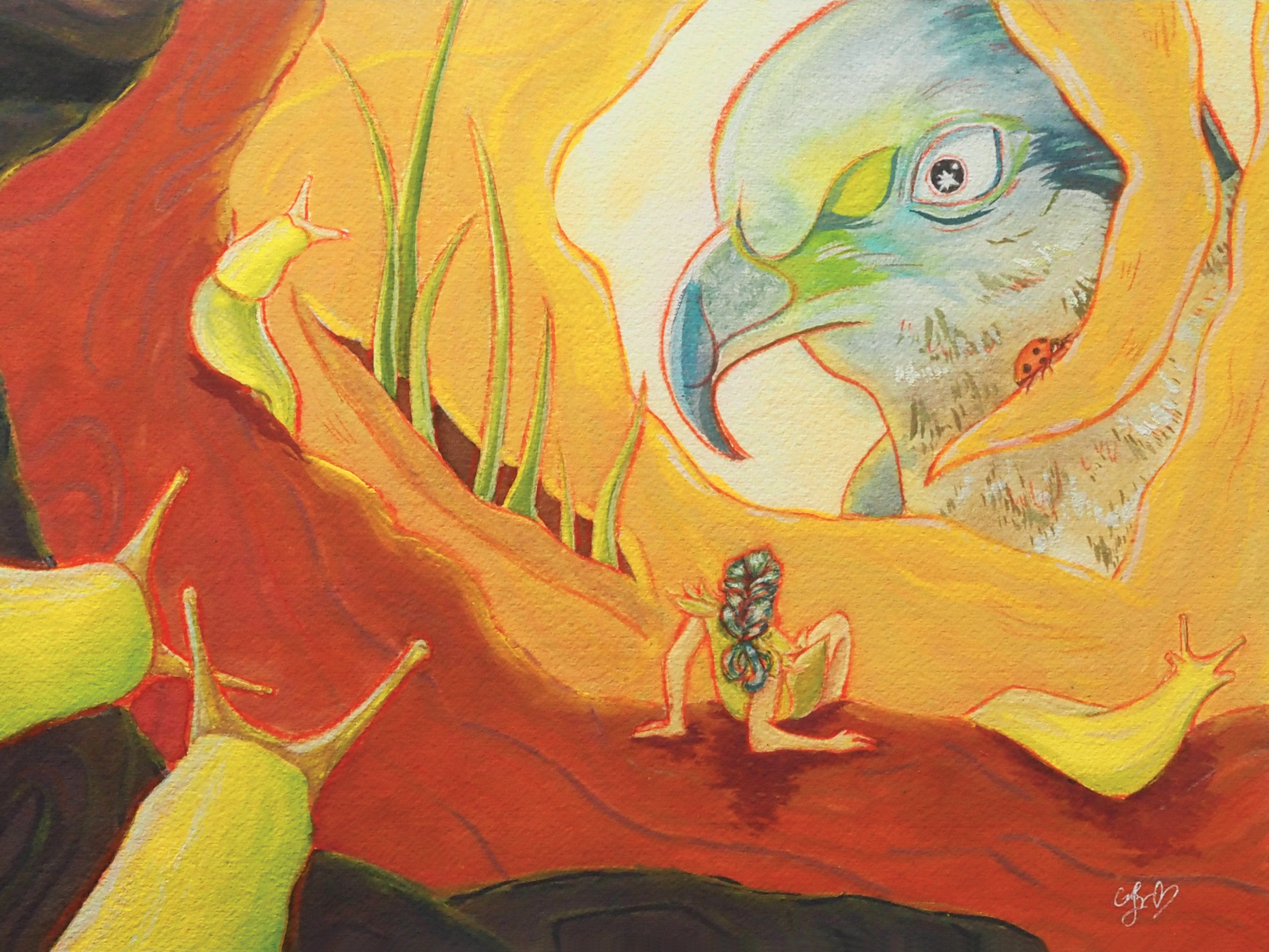 Whimsical watercolor painting by Cindy Luong of Veerlay of a tiny girl and slugs peering out from a tree hollow at a large bird looking directly in