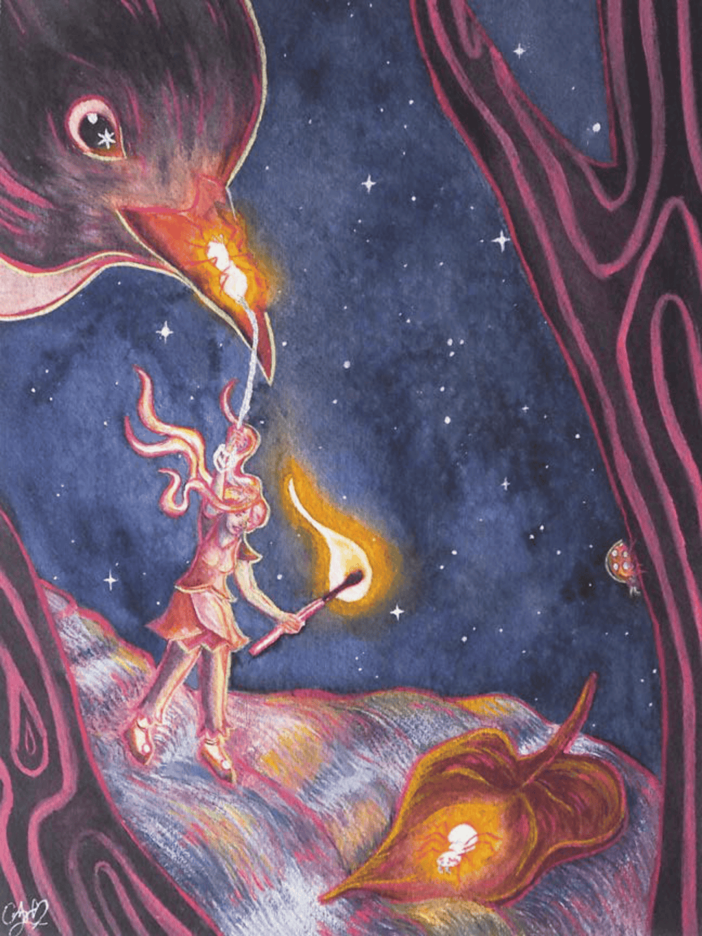 Whimsical watercolor painting by Cindy Luong of Veerlay of a tiny girl dangling from spider silk over a river to rescue a baby spider on a leaf