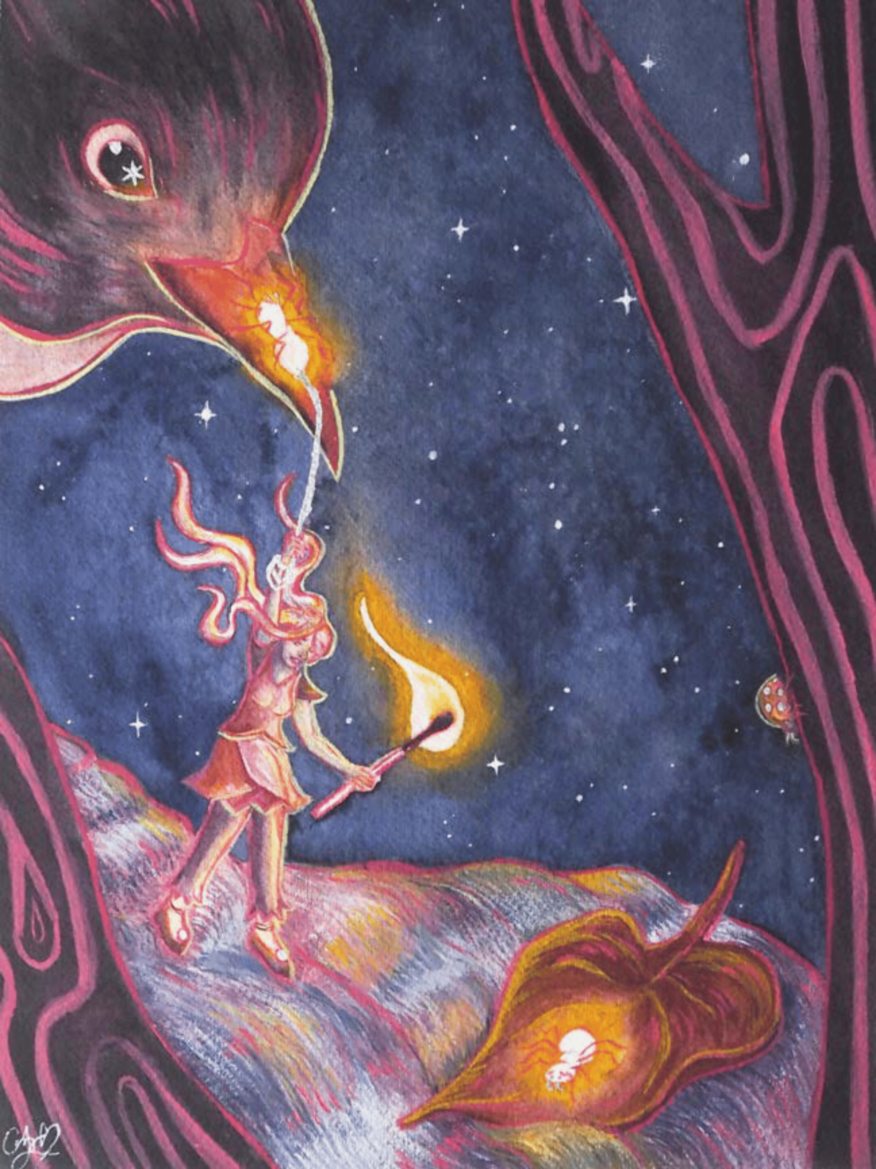 Whimsical watercolor painting by Cindy Luong of Veerlay of a tiny girl dangling from spider silk over a river to rescue a baby spider on a leaf