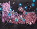 Whimsical watercolor painting by Cindy Luong of Veerlay of a tiny girl warrior leaping onto a bear cub with an axe and button shield to defend a fallen cub