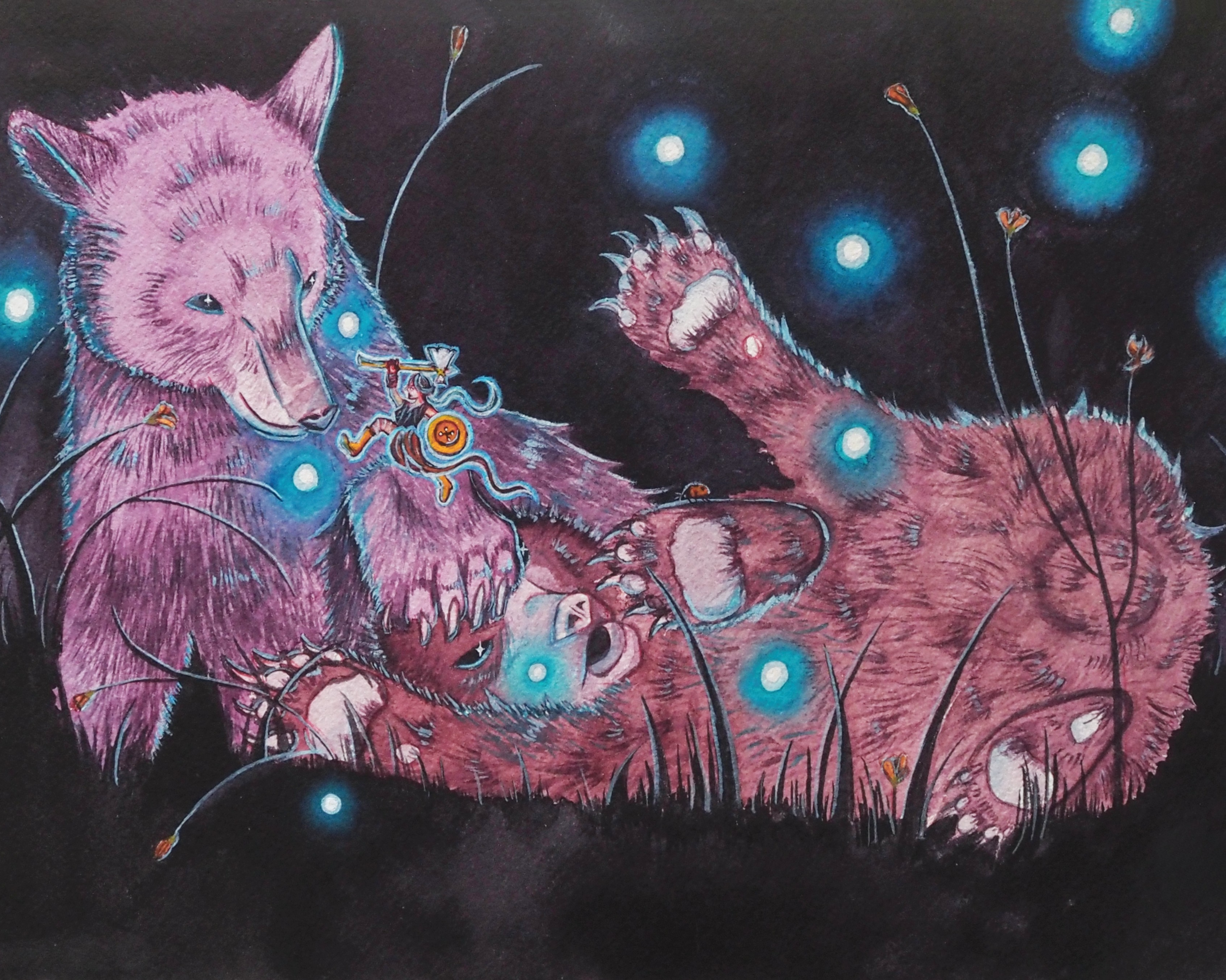 Whimsical watercolor painting by Cindy Luong of Veerlay of a tiny girl warrior leaping onto a bear cub with an axe and button shield to defend a fallen cub