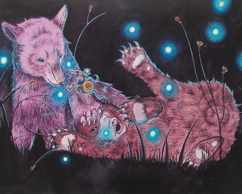 Whimsical watercolor painting by Cindy Luong of Veerlay of a tiny girl warrior leaping onto a bear cub with an axe and button shield to defend a fallen cub