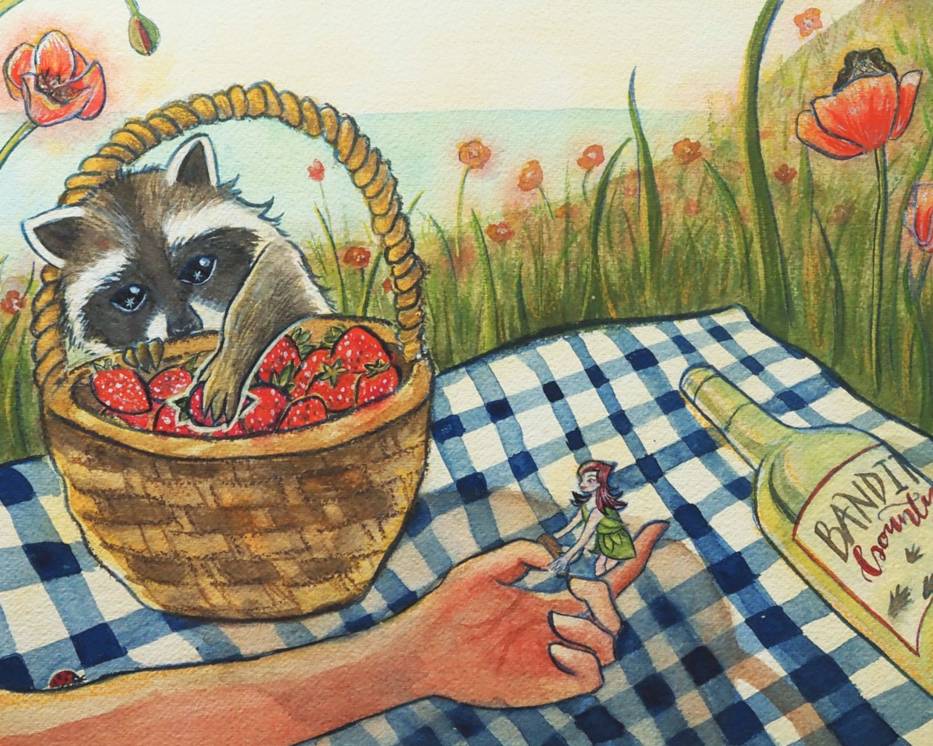 Whimsical watercolor painting by Cindy Luong of Veerlay of a tiny girl stealing a ring at a picnic while a raccoon takes a strawberry and a lookout watches from a distant flower