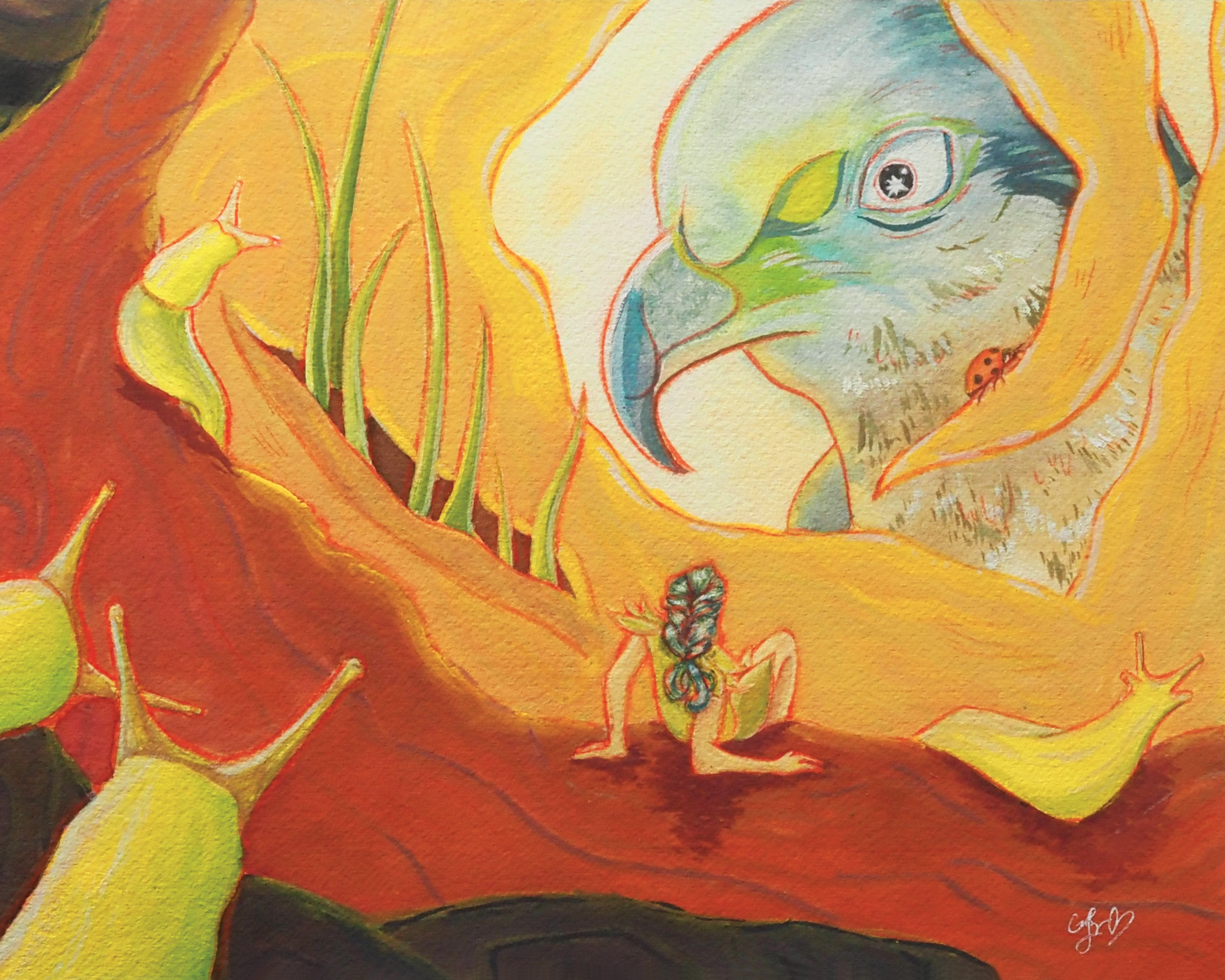 Whimsical watercolor painting by Cindy Luong of Veerlay of a tiny girl and slugs peering out from a tree hollow at a large bird looking directly in