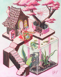 Whimsical watercolor painting by Cindy Luong of Veerlay of a tiny girl gazing into a marble crystal ball on a platform with a bonsai tree and hatching angelfish below