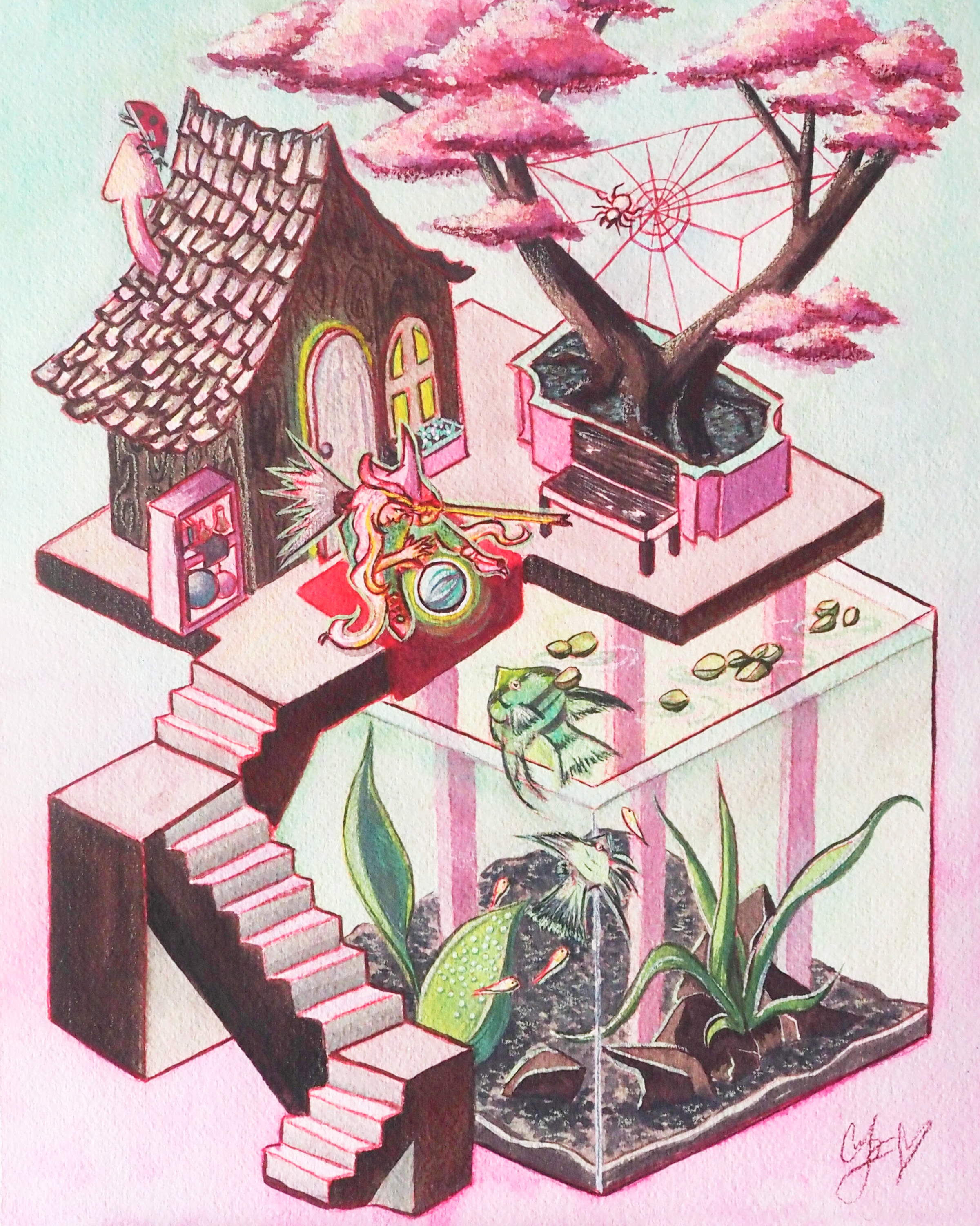 Whimsical watercolor painting by Cindy Luong of Veerlay of a tiny girl gazing into a marble crystal ball on a platform with a bonsai tree and hatching angelfish below