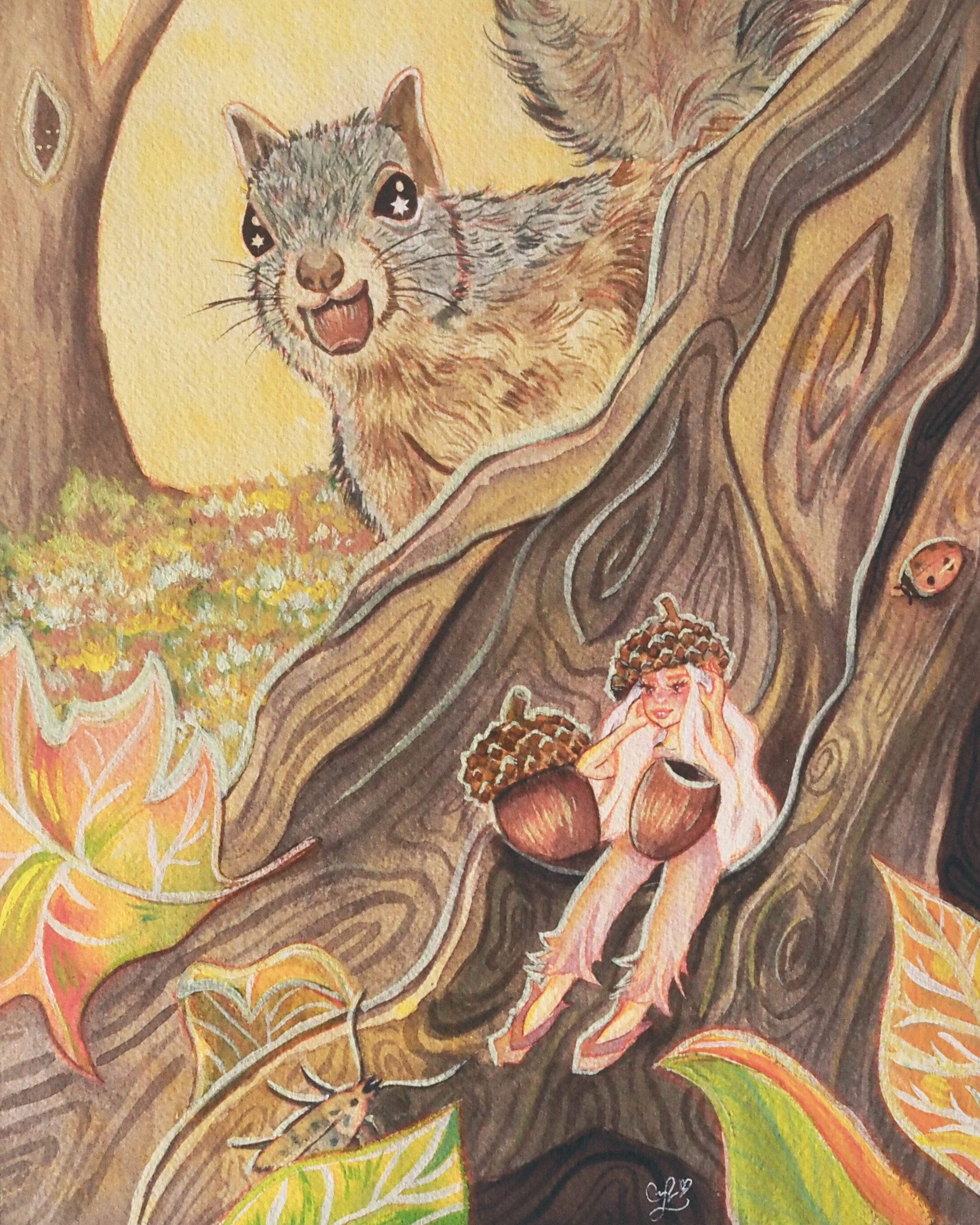 Whimsical watercolor painting by Cindy Luong of Veerlay of a tiny girl hiding acorns in a tree hollow while a squirrel peers from behind the bark