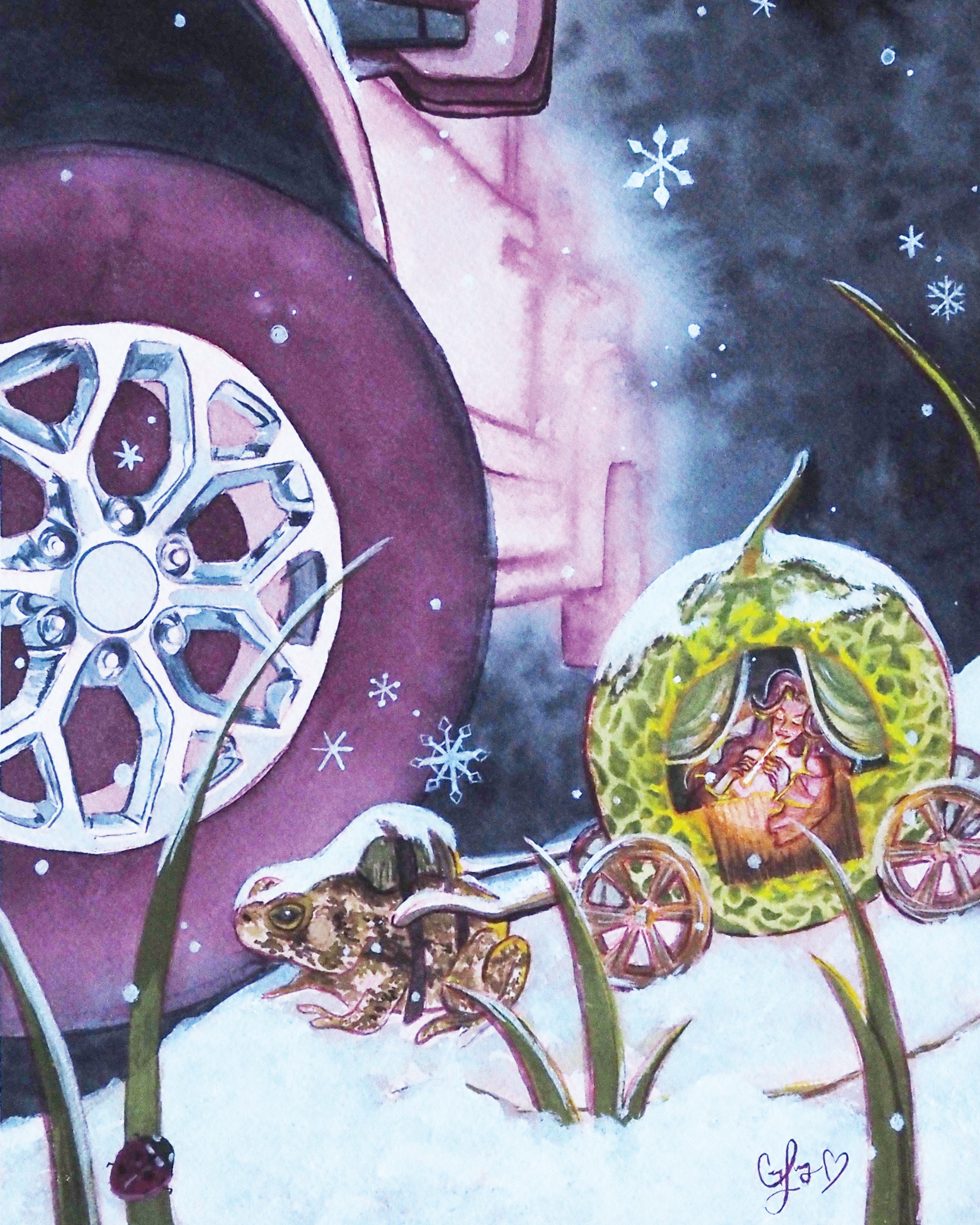 Whimsical watercolor painting by Cindy Luong of Veerlay of a tiny girl in a honeydew carriage pulled by a toad through snow with a car in the distance